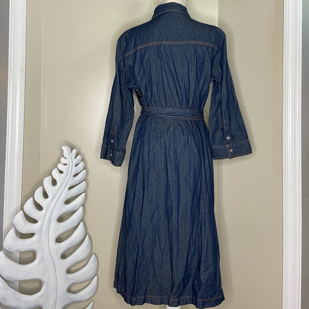 Indigo Blue Tuxedo Snap Front Denim Jean Belted Dress Size 16 - Picture 4 of 5